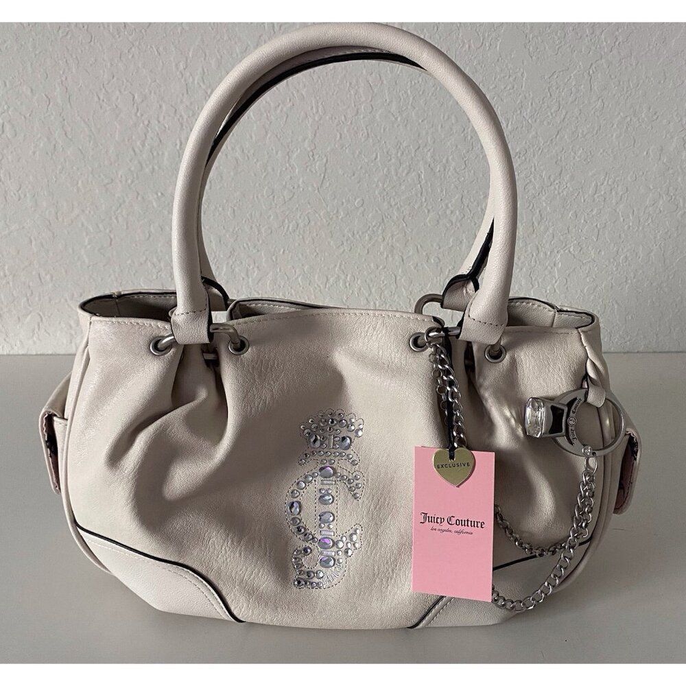 Juicy Couture Juicy Crown Satchel Purse Bag Crystal Beige With RING Charm NEW